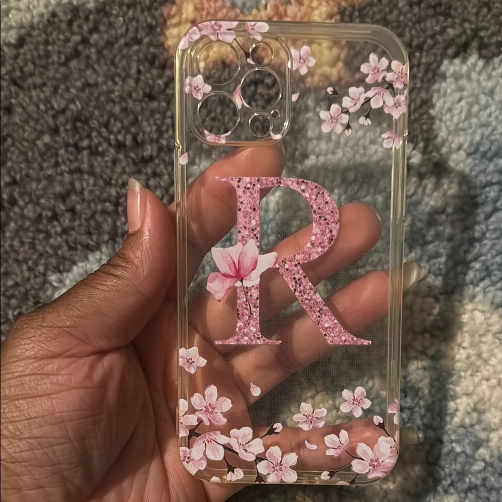 12 Pro Cherry Blossom Clear Case with Pink ‘R’ Initial and holes for charms